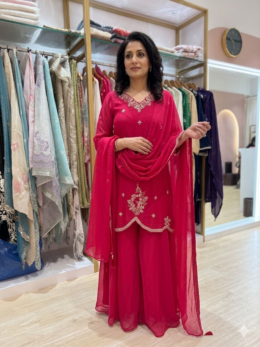 Fuchsia Pink Georgette Sharara Set with Scalloped Embroidery