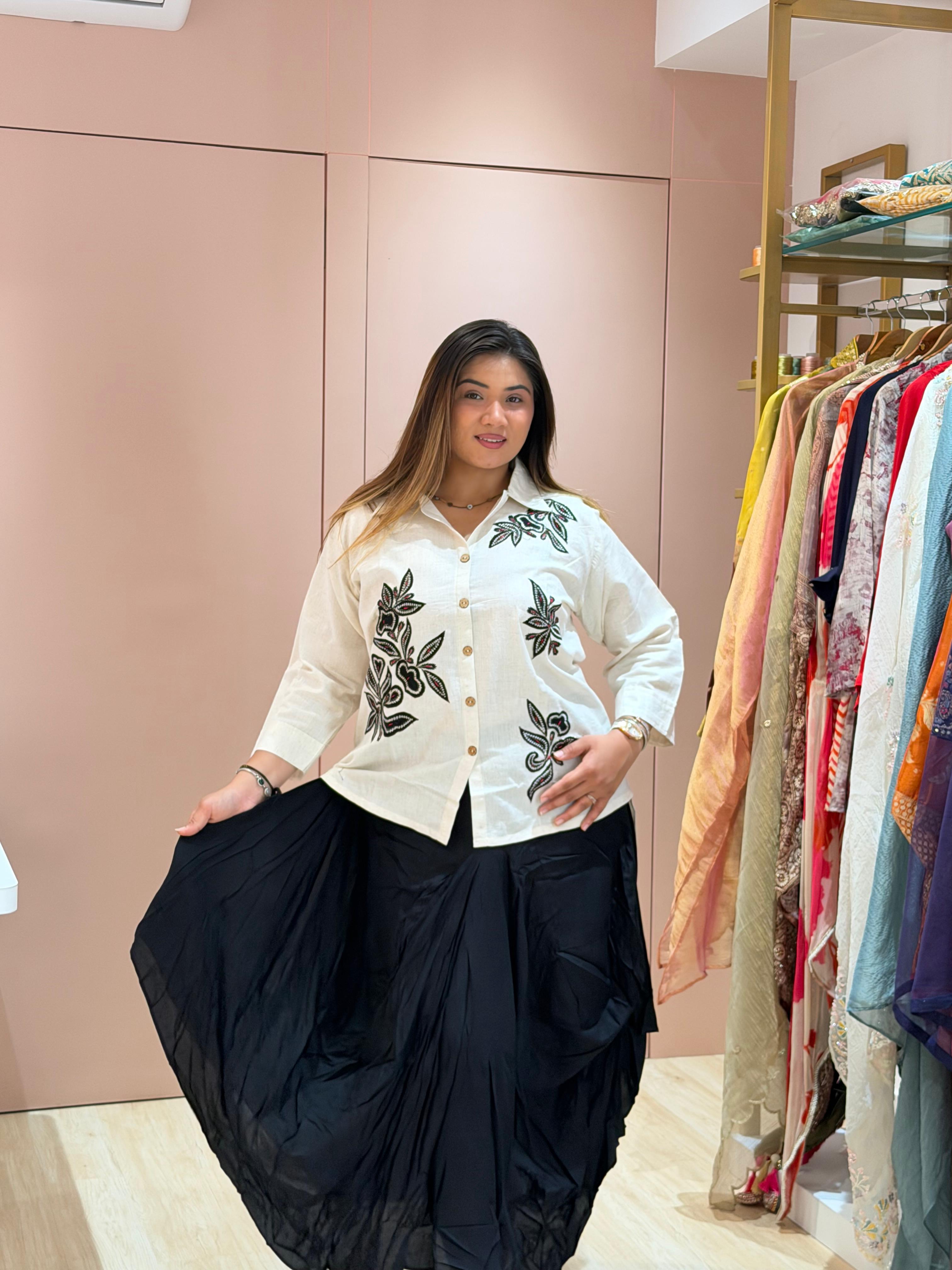 Ivory Botanical Embroidered Shirt with Draped Dhoti Skirt Set