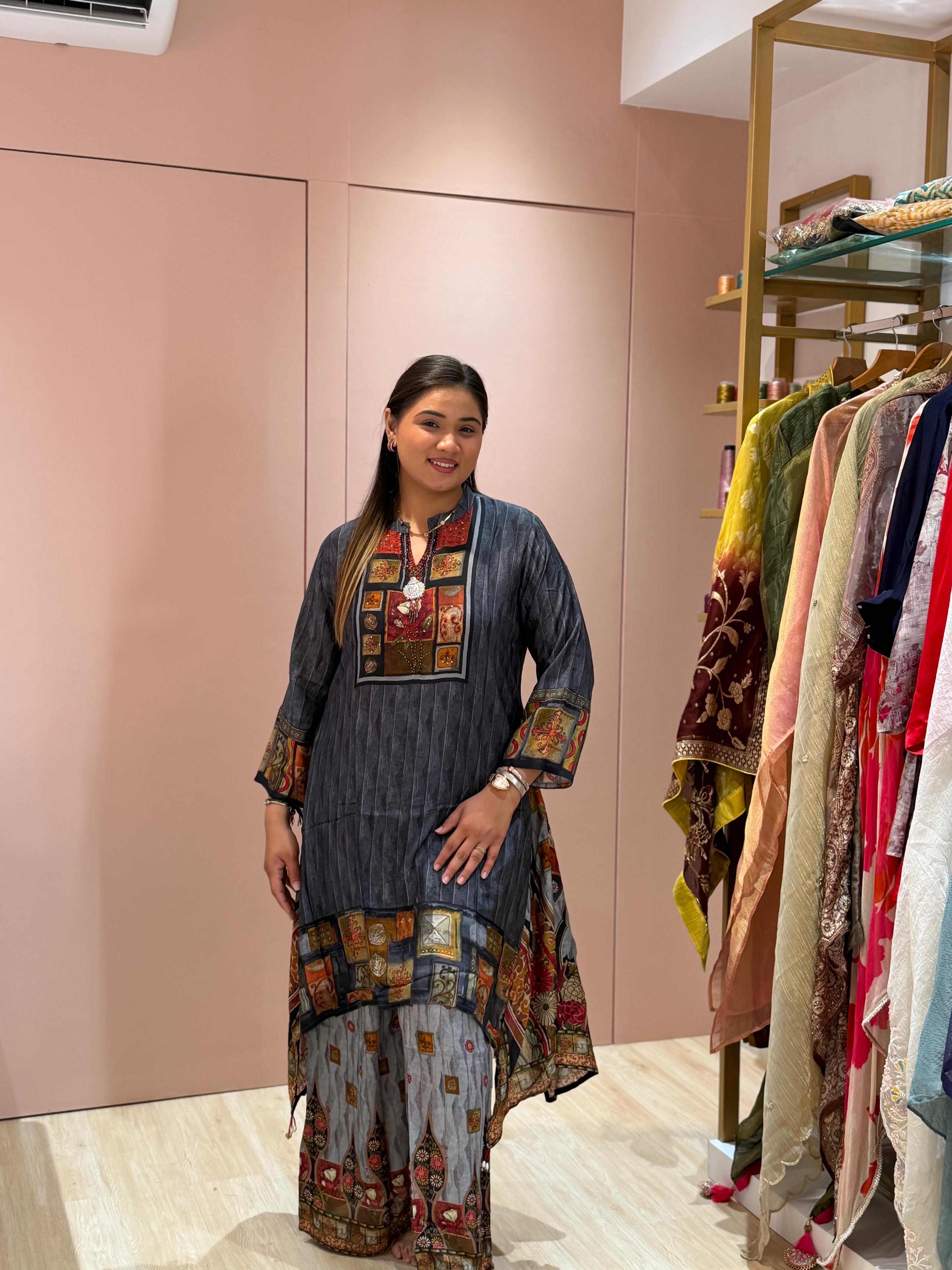Charcoal Grey Digital Mosaic Print High-Low Kurta Set