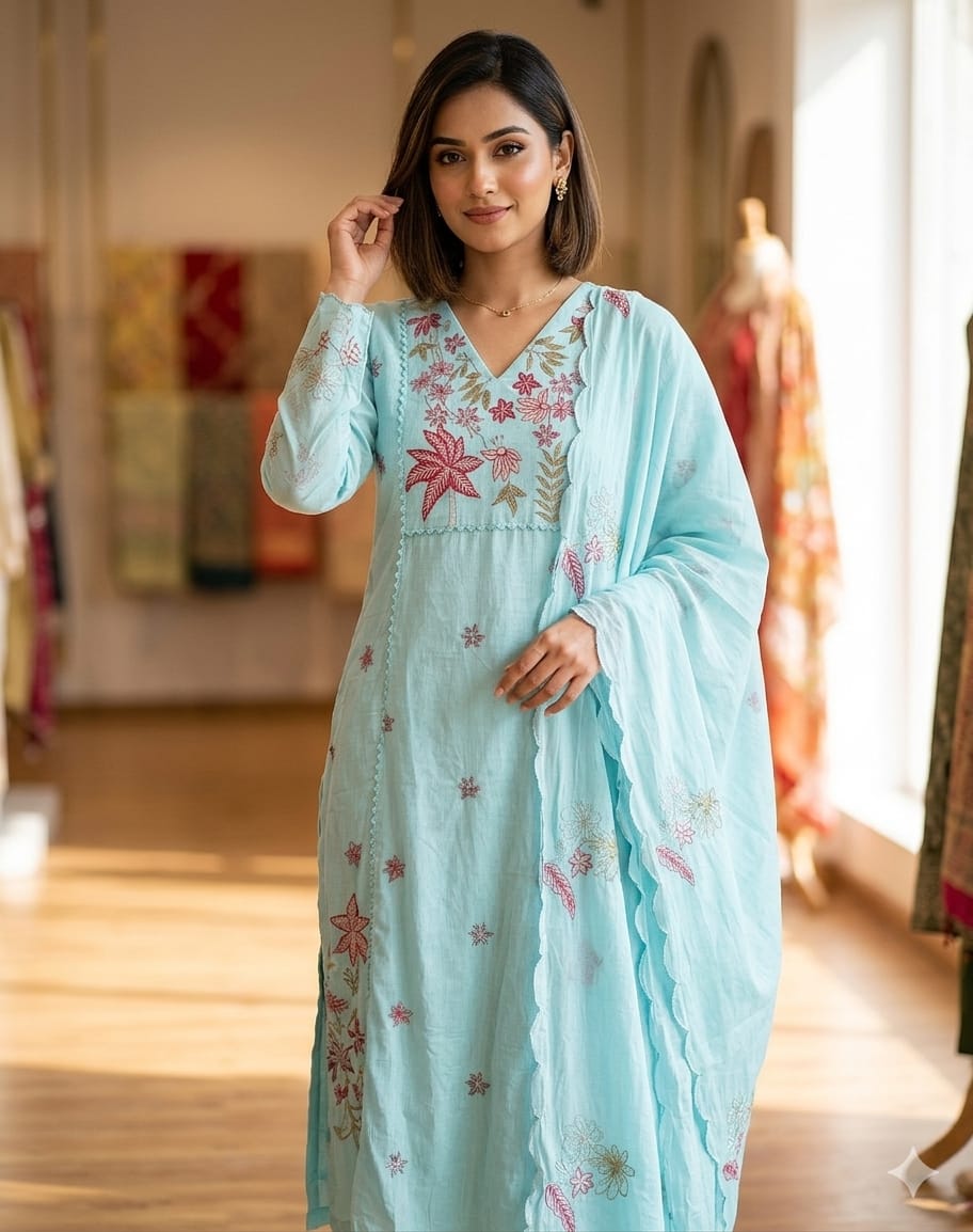 sky bule clour  embrodeiry cottan suit.