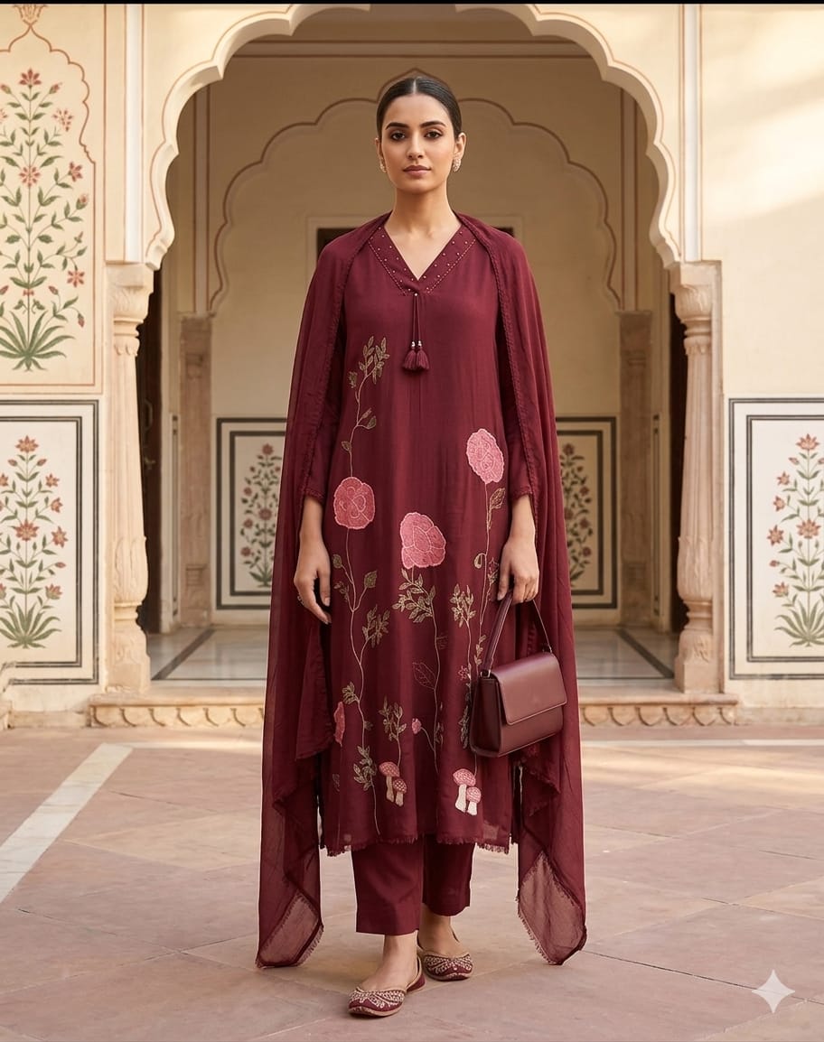 Maroon embroidery floral  cottan suit.