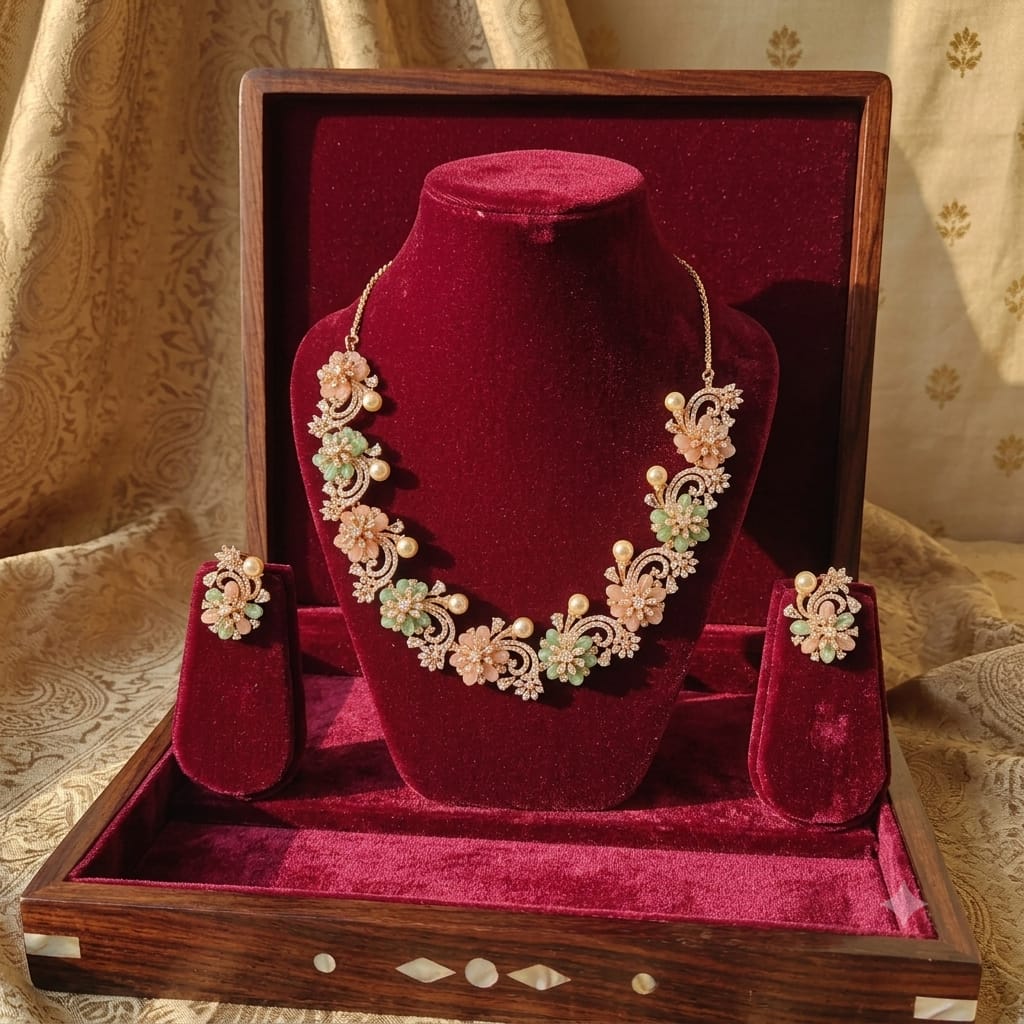 Luxury Floral CZ Necklace Set with Mint Green & Blush Pink Stone Accents