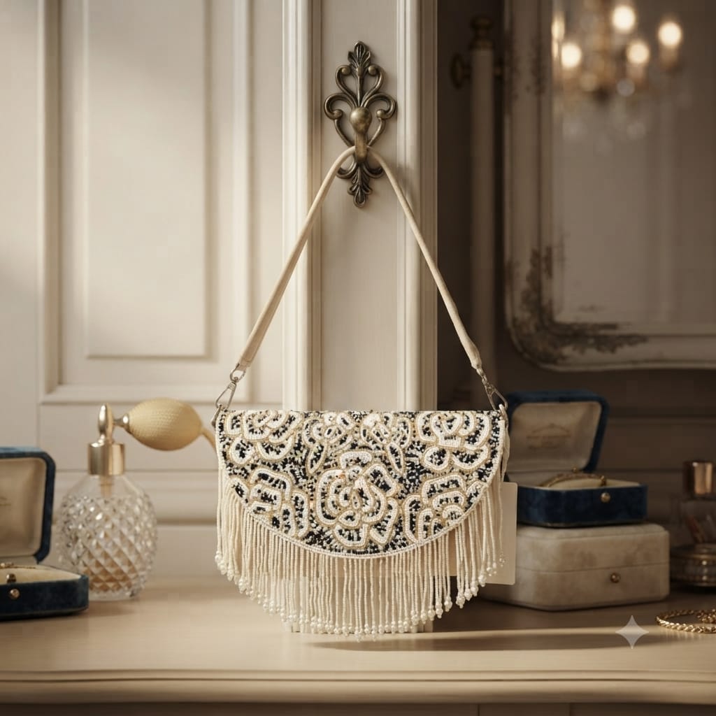 Luxury Festive Beaded Pouch Bag with Tassel Accents.