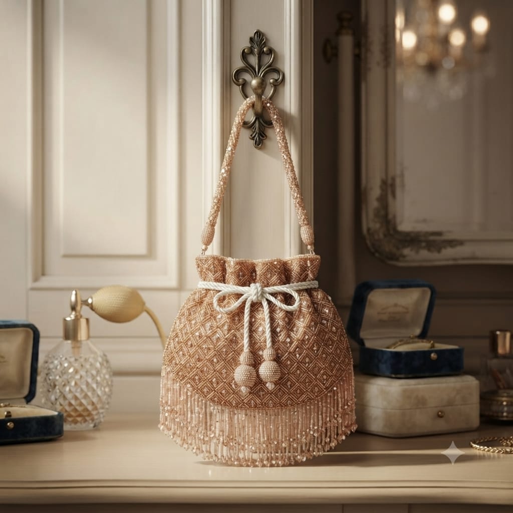 Luxury Rose Gold Beaded Potli Purse with Cascading Bead Fringe.