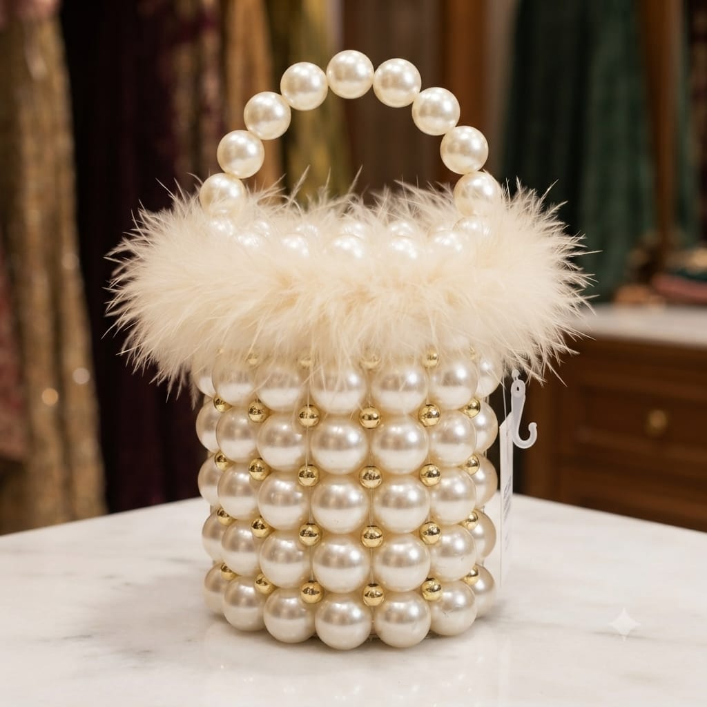 Elegant pearl & Eather bucket clutch..