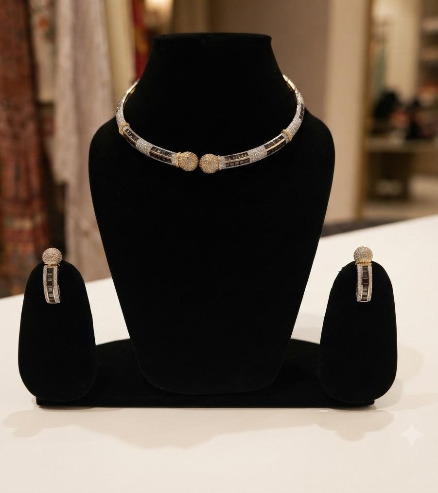 Imperial Tri-Tone Geometric Choker & Matching Earring Set"