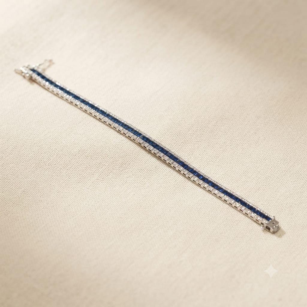 Royal Blue Sapphire Line Bracelet with Double Pavé Borders.