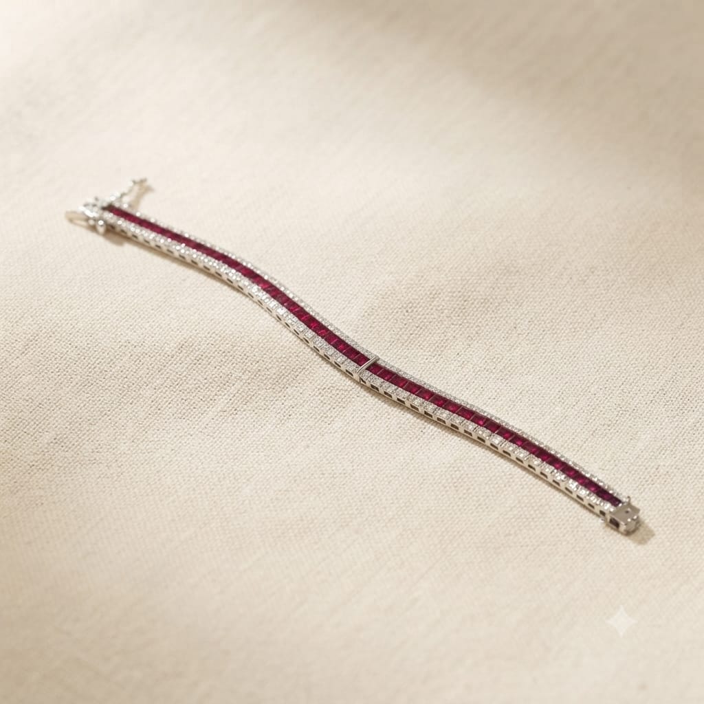 Regal Red Ruby Tennis Bracelet with Twin Shimmering Borders.