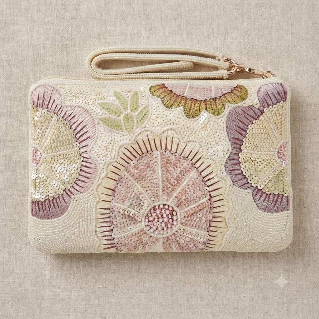 Pastel Floral Hand-Embellished Wristlet Clutch