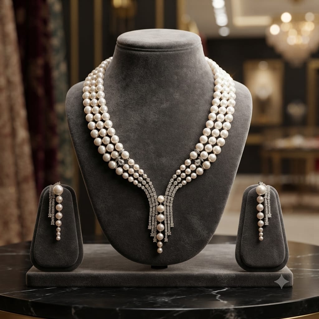 Three-Layered pearl& crystal statement set..
