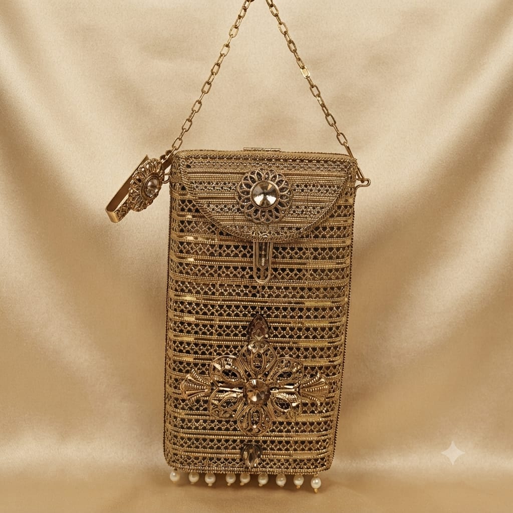 Luxury Gold Metallic Sling Purse for Festive Occasions.