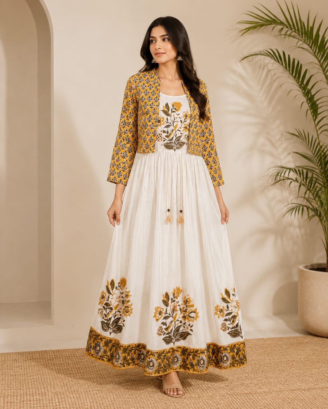 Mustard and Off-White Floral Printed Maxi Dress with Cropped Jacket Set