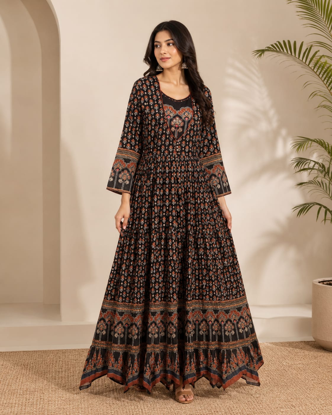 A-Line Maxi Dress with Ajrakh Print Panel and Mirror Work.