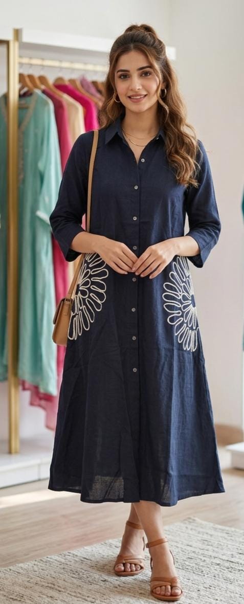 Midnight Bloom A-Line Shirt Dress