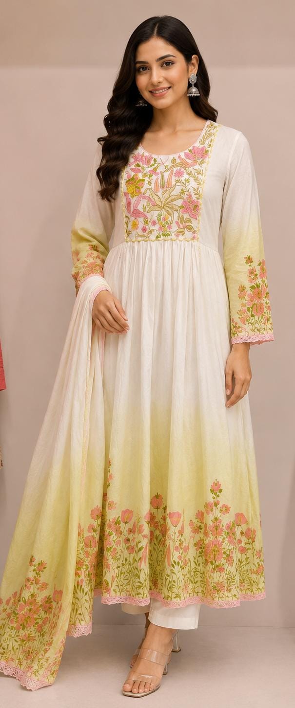 Ivory Bloom Floral Anarkali Suit Set with Dupatta.