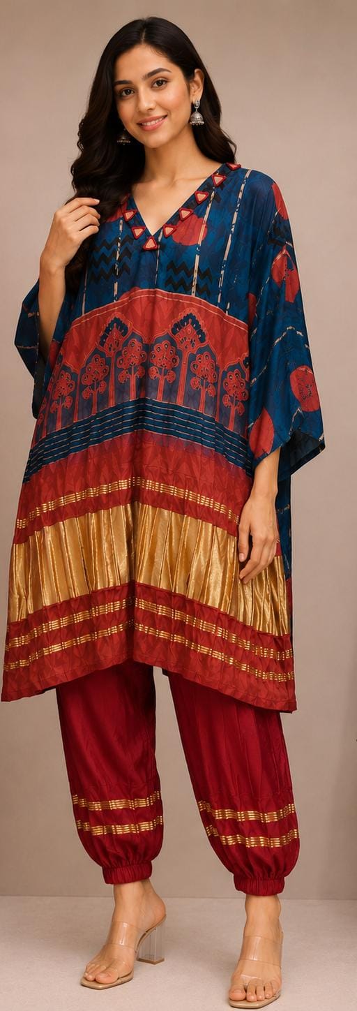 Royal Crimson Printed Kaftan Co-Ord Set with Dhoti Pants.