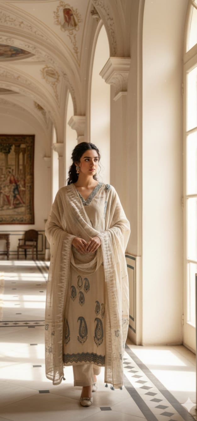 raditional Ivory Kurta Pant Set with Soft Cotton Dupatta.