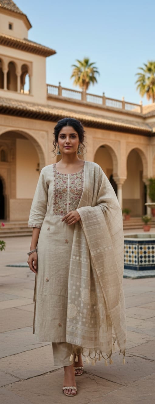Elegant Ivory Embroidered Cotton Kurta Set with Woven Dupatta.