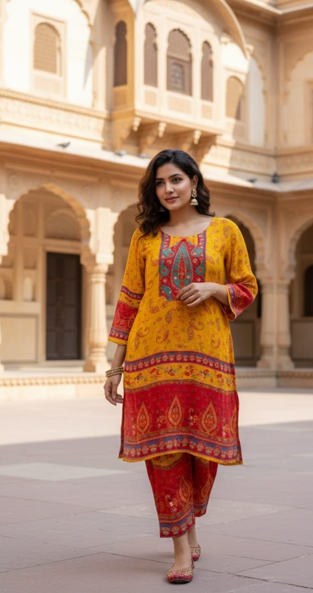 Traditional Floral & Paisley Print Kurta Set for Women