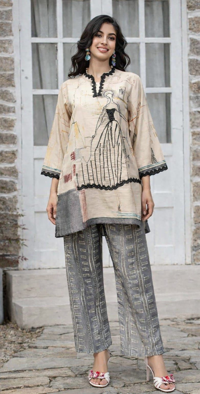 Graceful Beige Printed Tunic with Straight Pants