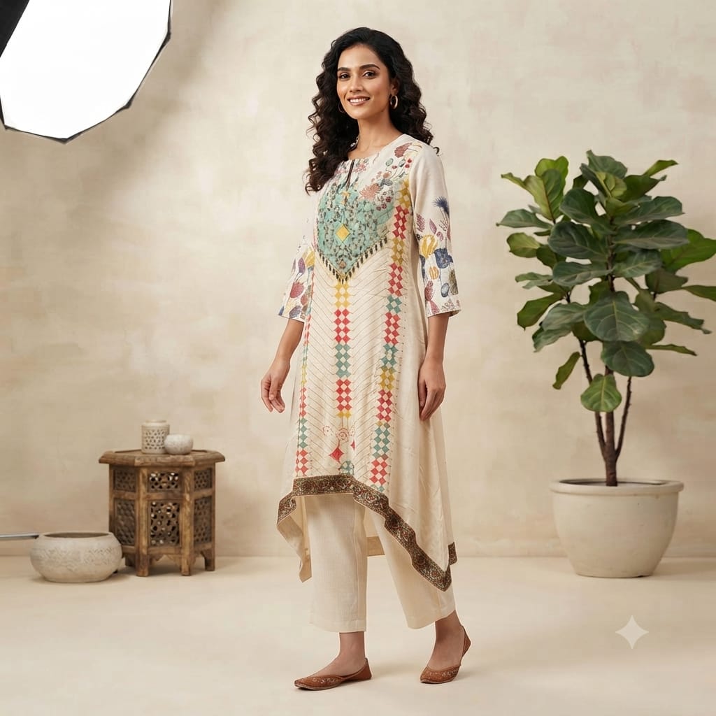 Women's Multicolor Printed Asymmetrical Kurta Set