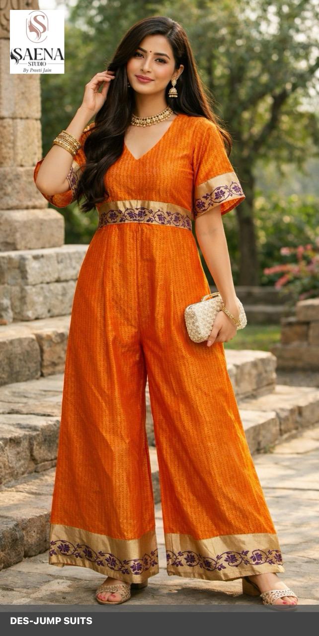 Festive Wear Orange Printed Jumpsuit for Women.