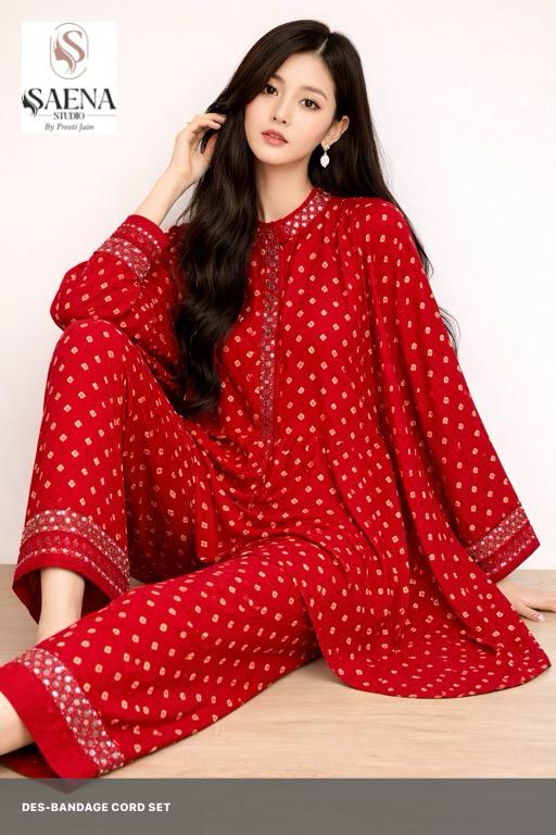Designer Red Bandhej Kurta & Palazzo Co-Ord Set.