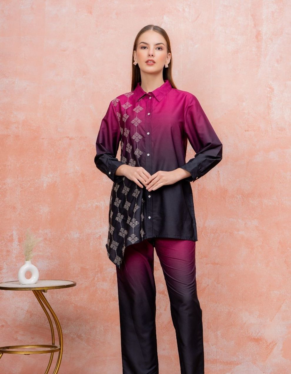 Women's Magenta &amp; Black Ombre Printed Co-Ord Set | Premium Satin Shirt &amp; Straight Pants | Stylish Casual Wear.