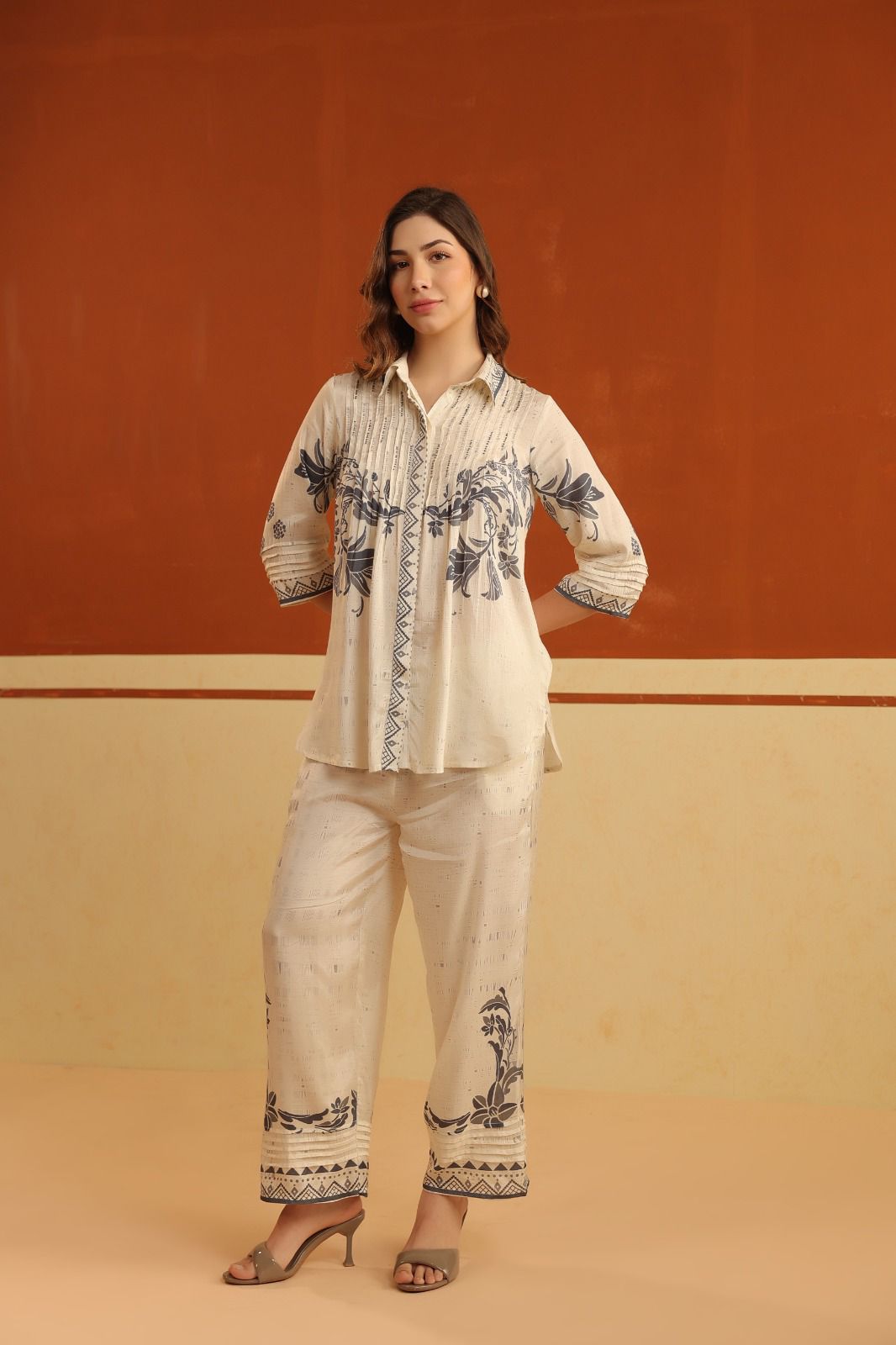 Elegant Off-White Floral Printed Co-Ord Set for Women | Premium Cotton Shirt & Straight Pants | Casual & Summer Wear