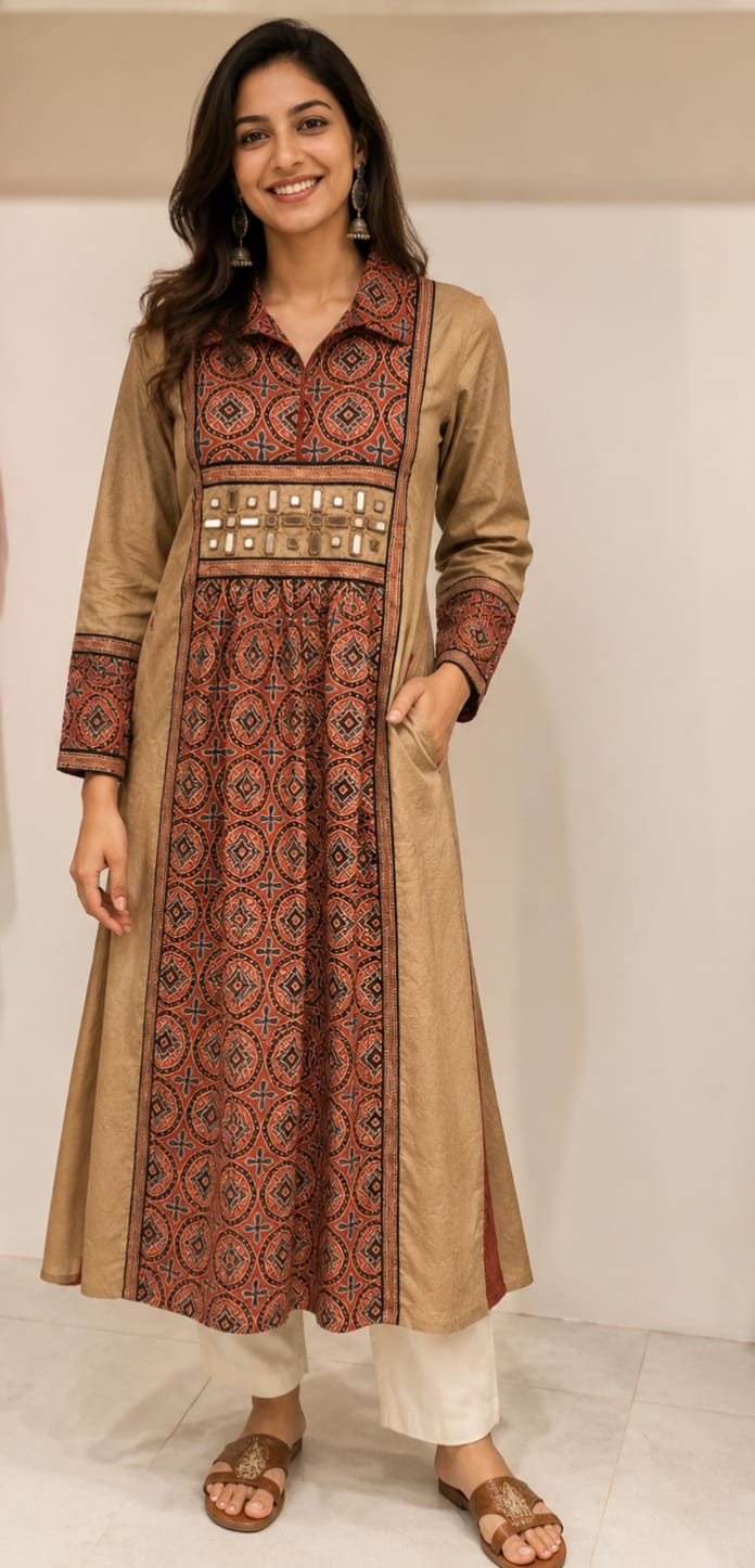Elegant Beige & Rust Printed A-Line Cotton Kurta for Women | Mirror Work Ethnic Kurti | Festive & Casual Wear