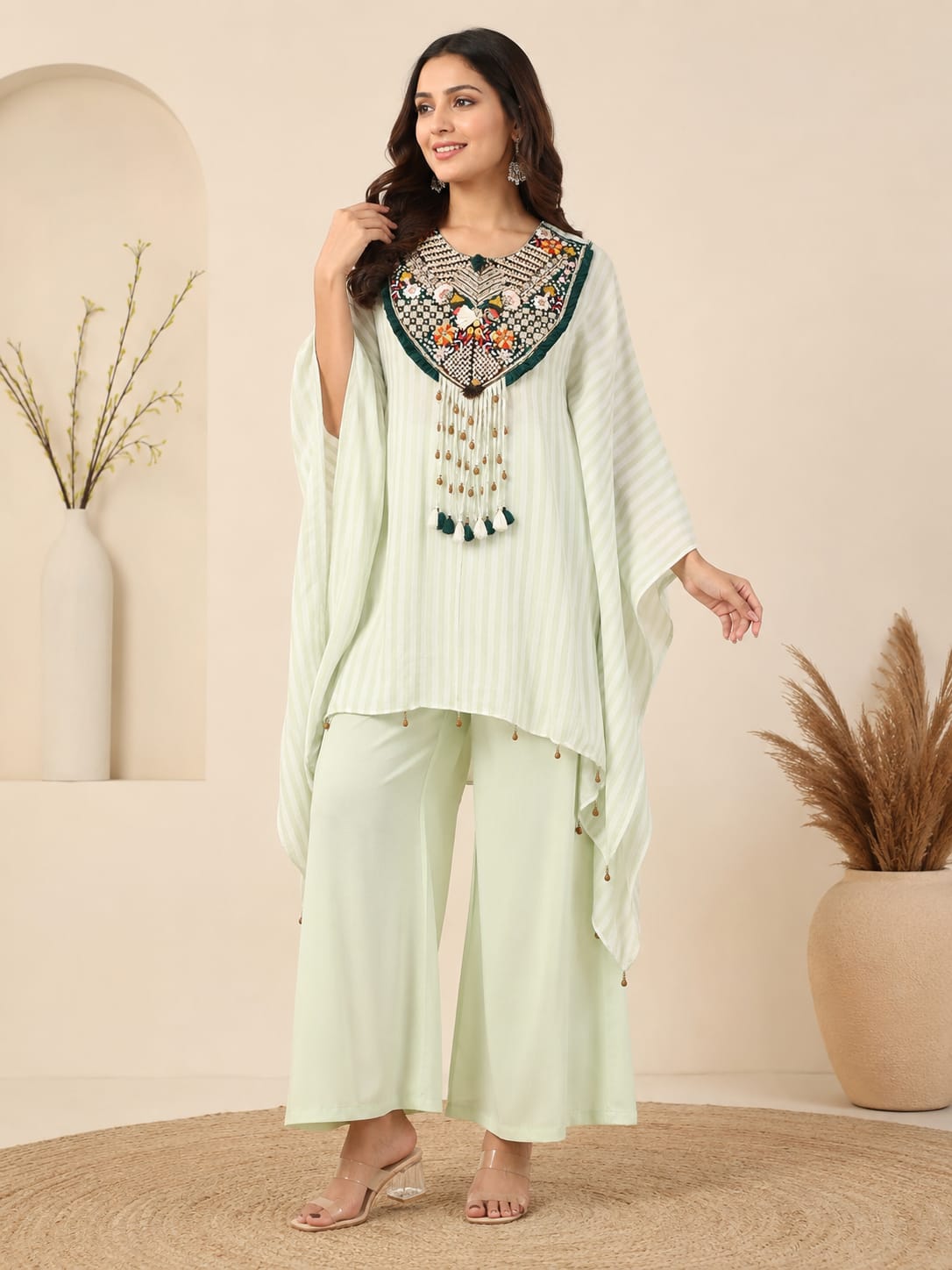 Elegant Mint Green Embroidered Kaftan Co-Ord Set for Women.