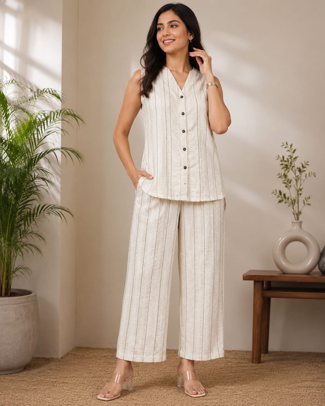 Elegant Ivory Striped Co-Ord Set for Women | Sleeveless Cotton Blend Top & Wide-Leg Pants