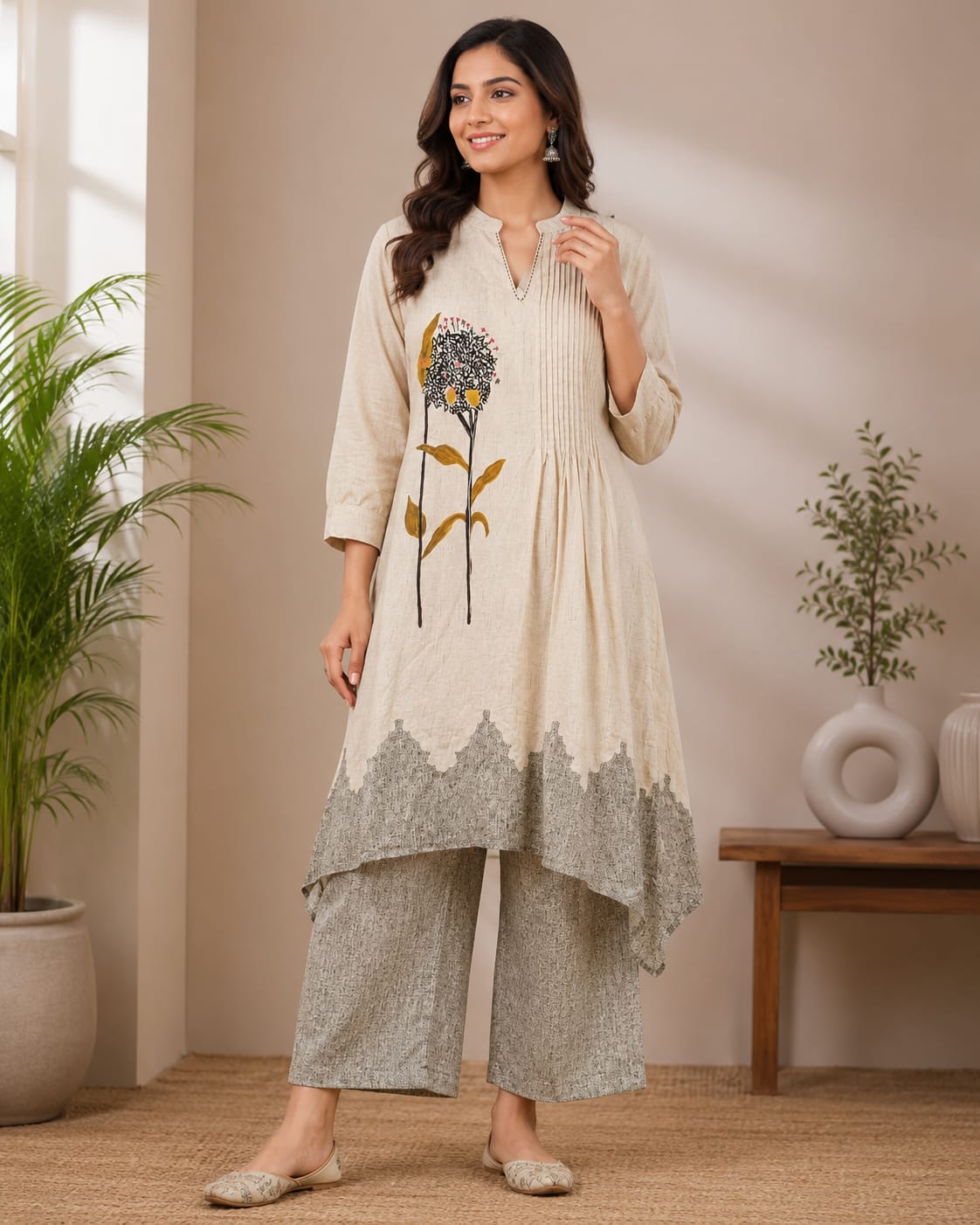 Elegant Floral Printed Asymmetrical Kurta with Palazzo Set..