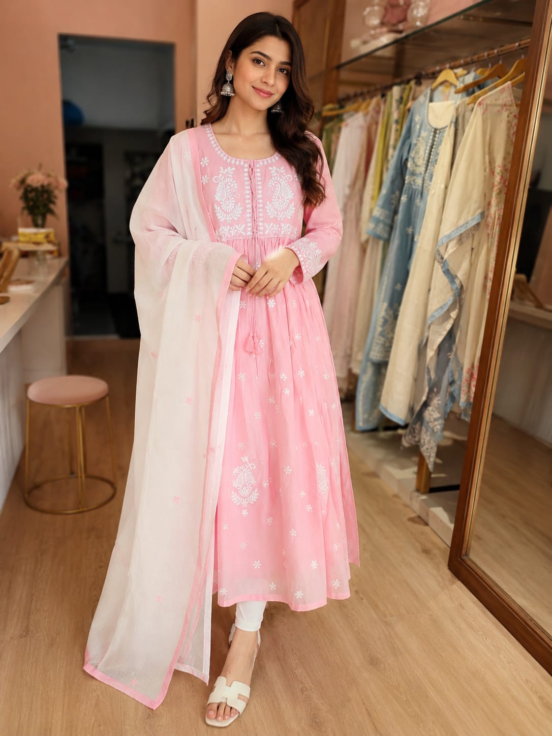 Elegant Baby Pink Embroidered Cotton Anarkali Kurta Set with Organza Dupatta