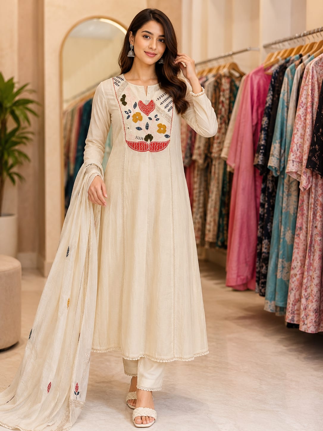 Elegant Ivory Embroidered Cotton Anarkali Kurta Set with Dupatta.