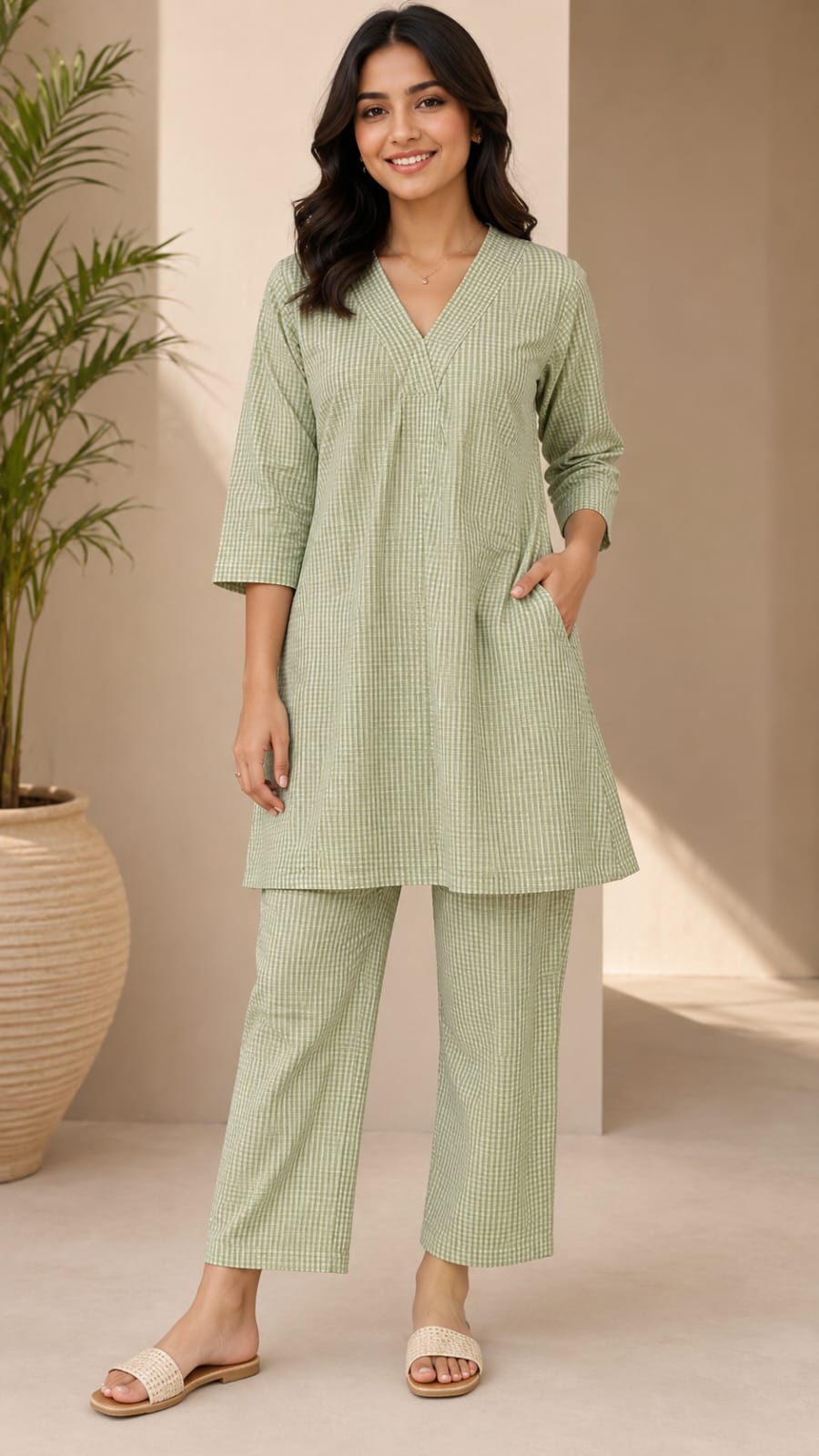 Sage Green Gingham Cotton Kurta & Pant Co-Ord Set.