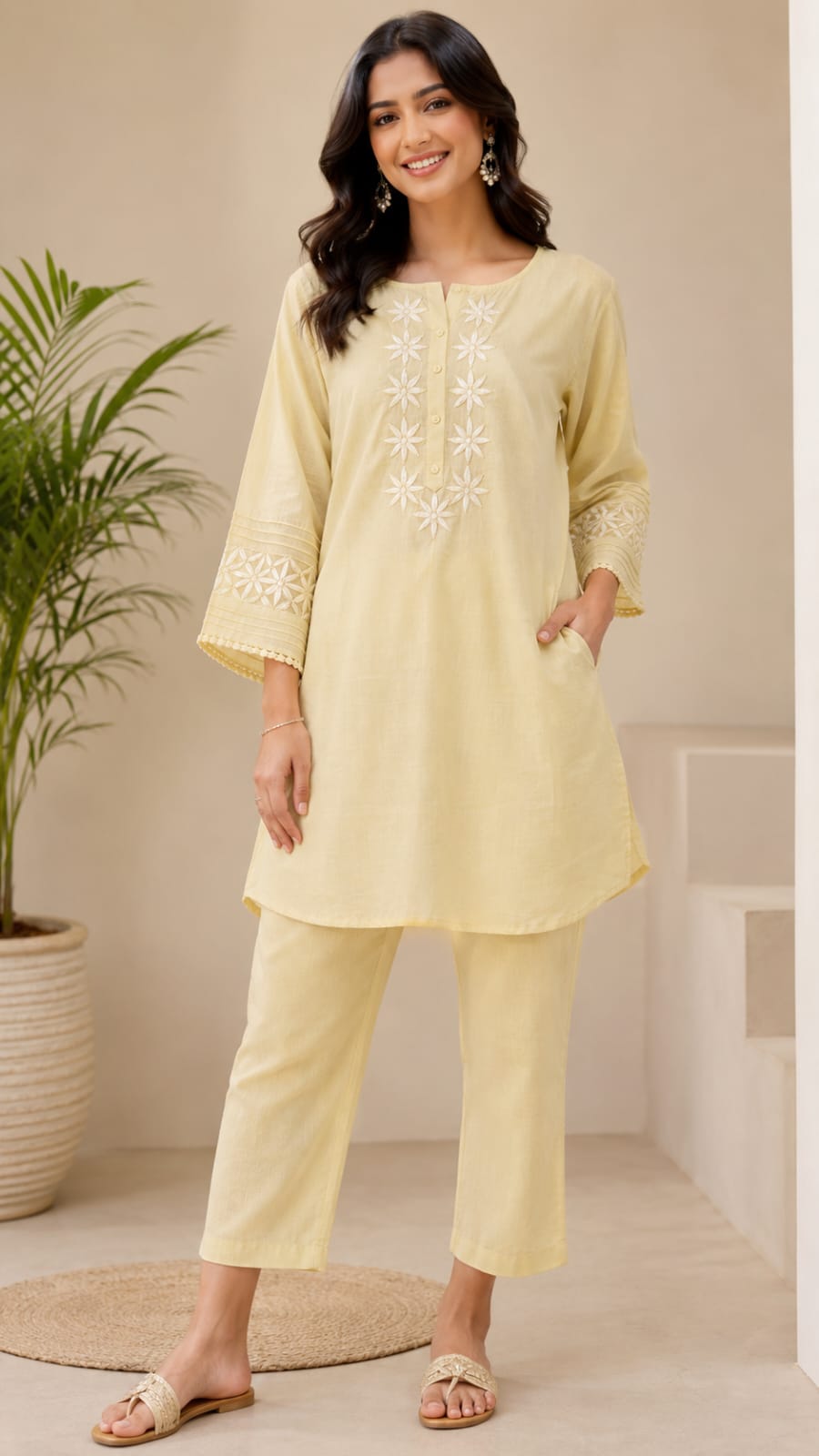 Butter Yellow Floral Embroidered Kurta & Pant Set.