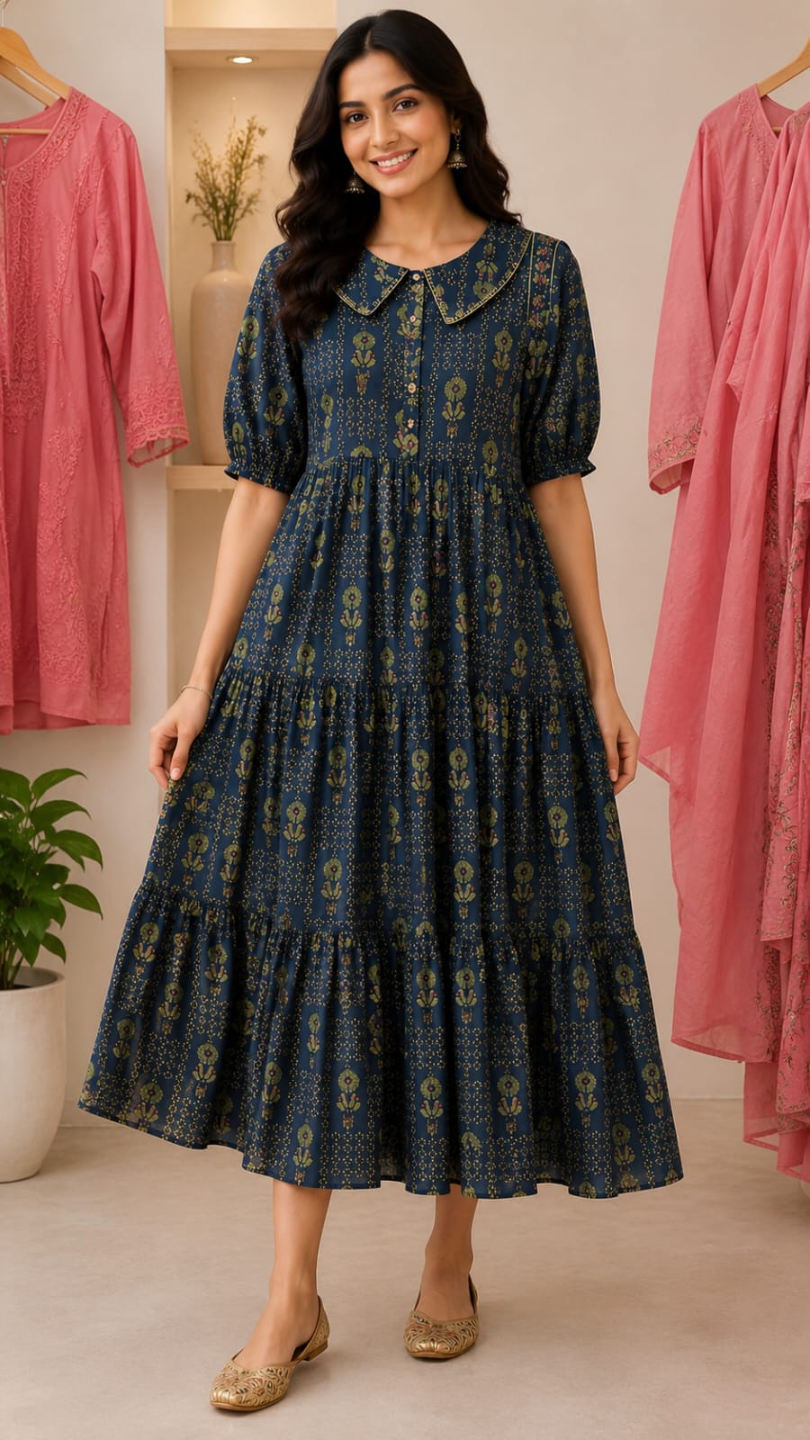 Elegant Midnight Blue Printed Tiered Maxi Dress with Peter Pan Collar.