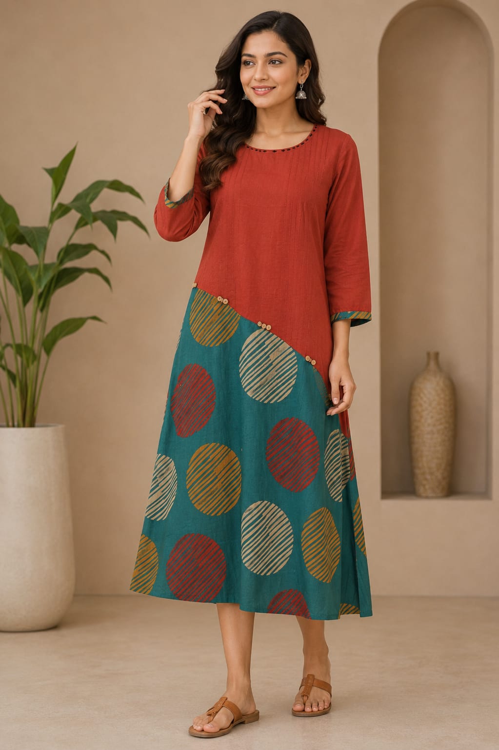 Rust Red & Teal Printed A-Line Cotton Midi Dress for Women.