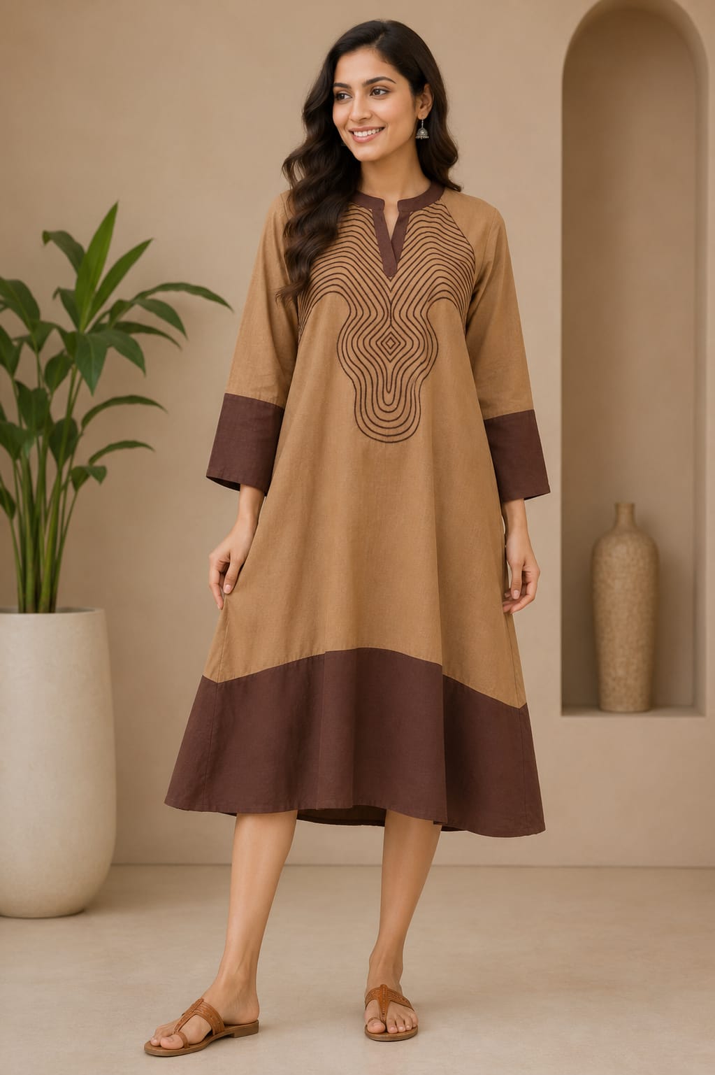 Elegant Coffee Brown A-Line Printed Cotton Dress for Women.