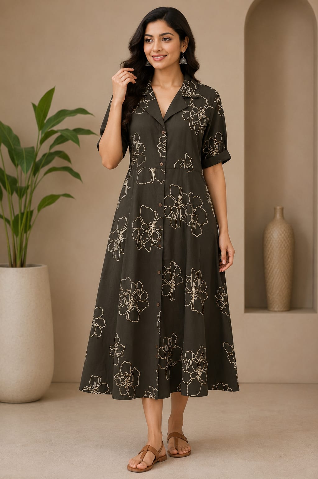 Elegant Charcoal Floral Printed Shirt Dress for Women.