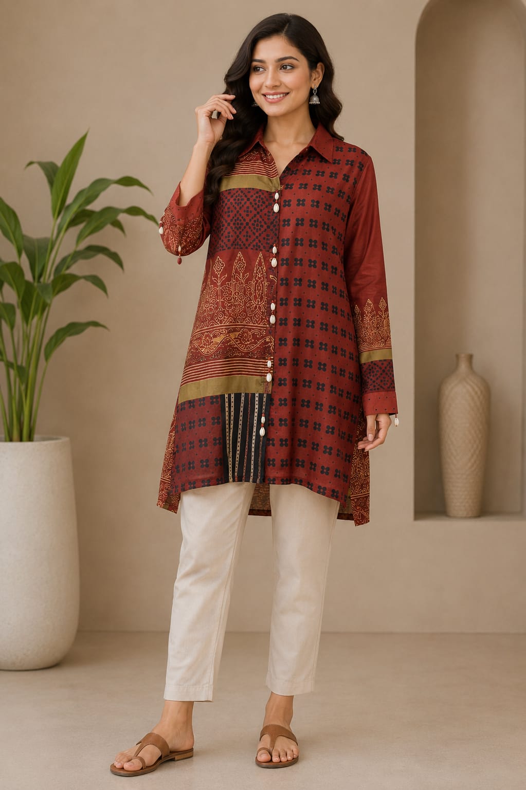 Elegant Rust Brown Printed A-Line Kurti with Collar Neck.