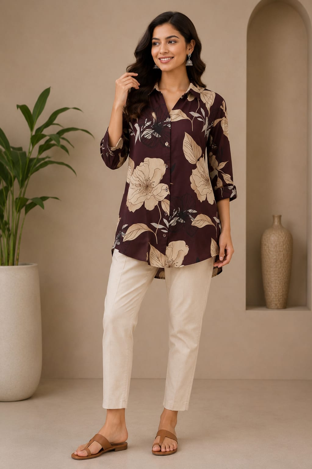 Elegant Floral Printed Longline Shirt with Straight Pants – Chic Casual Co-ord Look