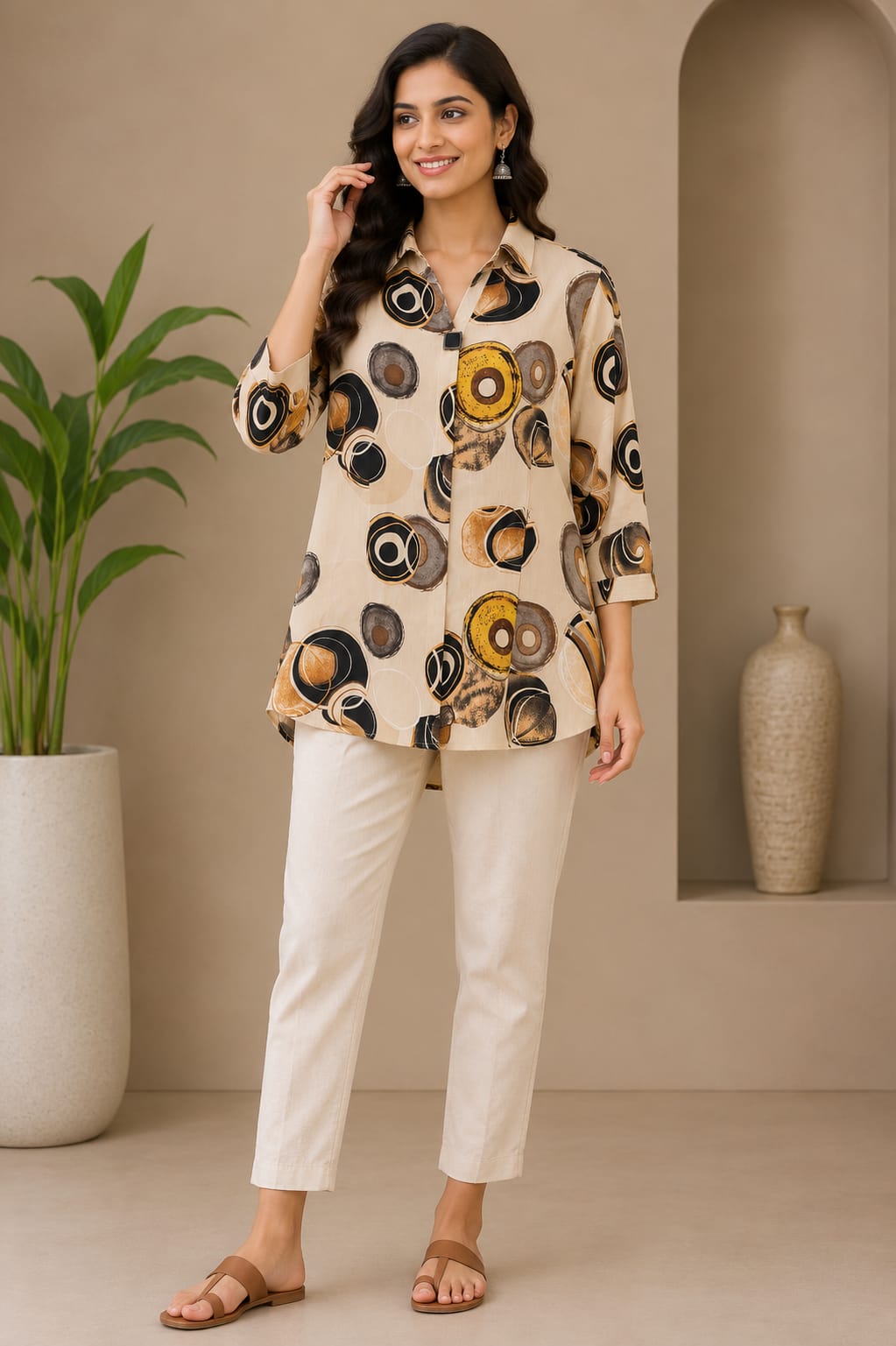 Abstract Circle Print Co-ord Set with Straight Pants.