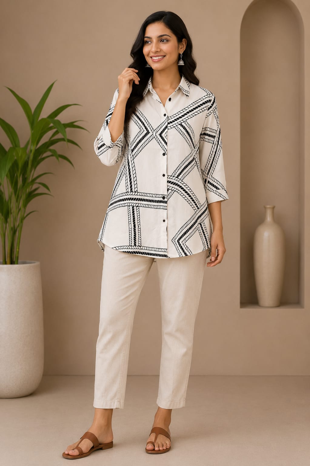 Elegant White & Black Geometric Printed Co-Ord Set for Women.