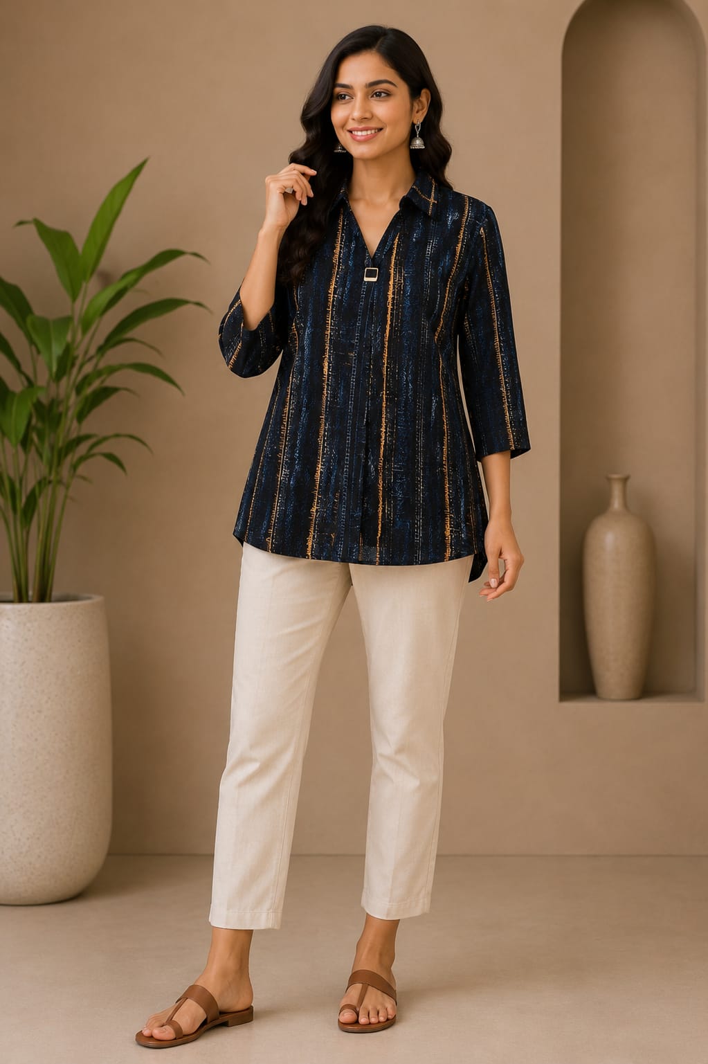 Elegant Navy Blue Printed A-Line Top with Off-White Straight Pants