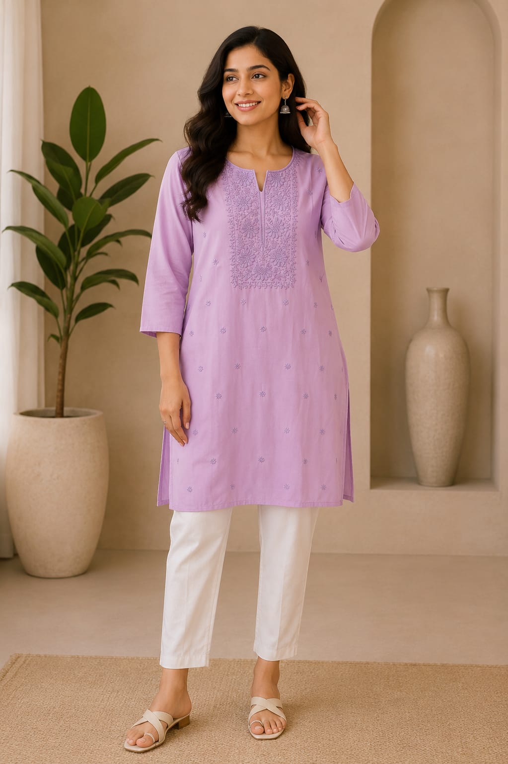Elegant Lavender Embroidered Cotton Kurti.