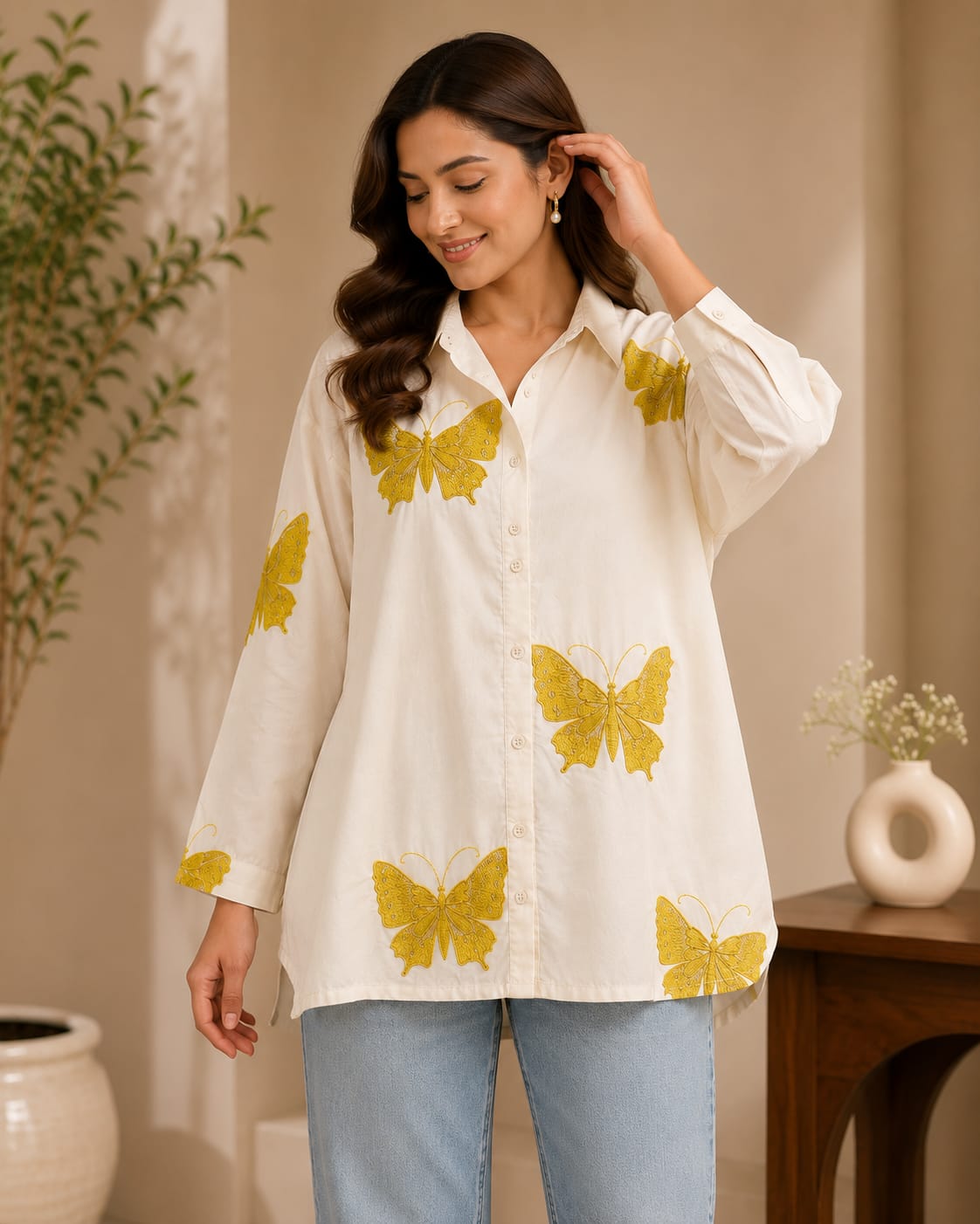 Elegant Ivory Butterfly Print Co-Ord Set for Women.