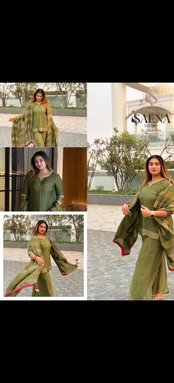 Olive Green Embroidered Suit Set..