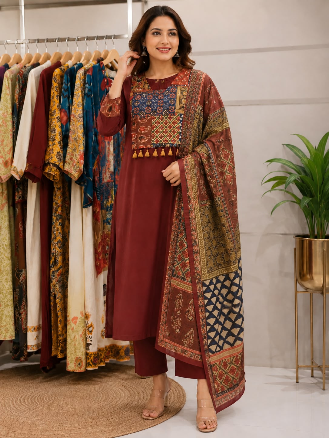 Rust Maroon Printed Kurta Set with Statement Dupata
